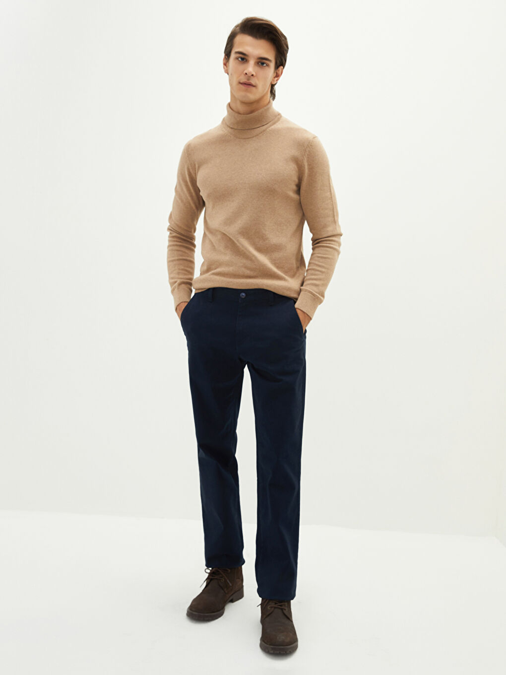 Bej Balıkçı Yaka Uzun Kollu İnce Erkek Triko Kazak-2