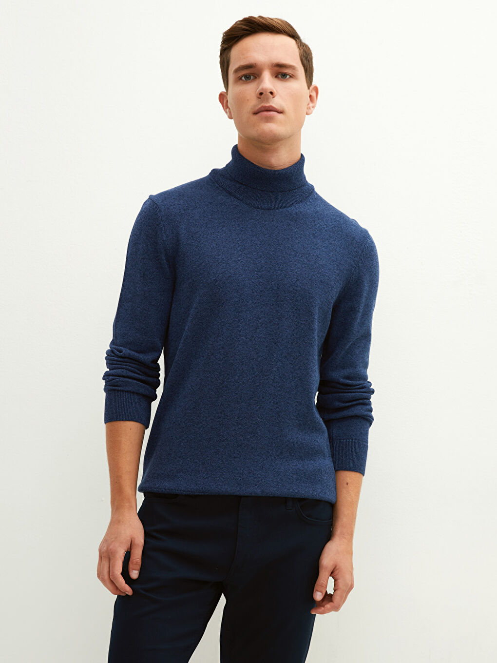 Lacivert Balıkçı Yaka Uzun Kollu İnce Erkek Triko Kazak-4