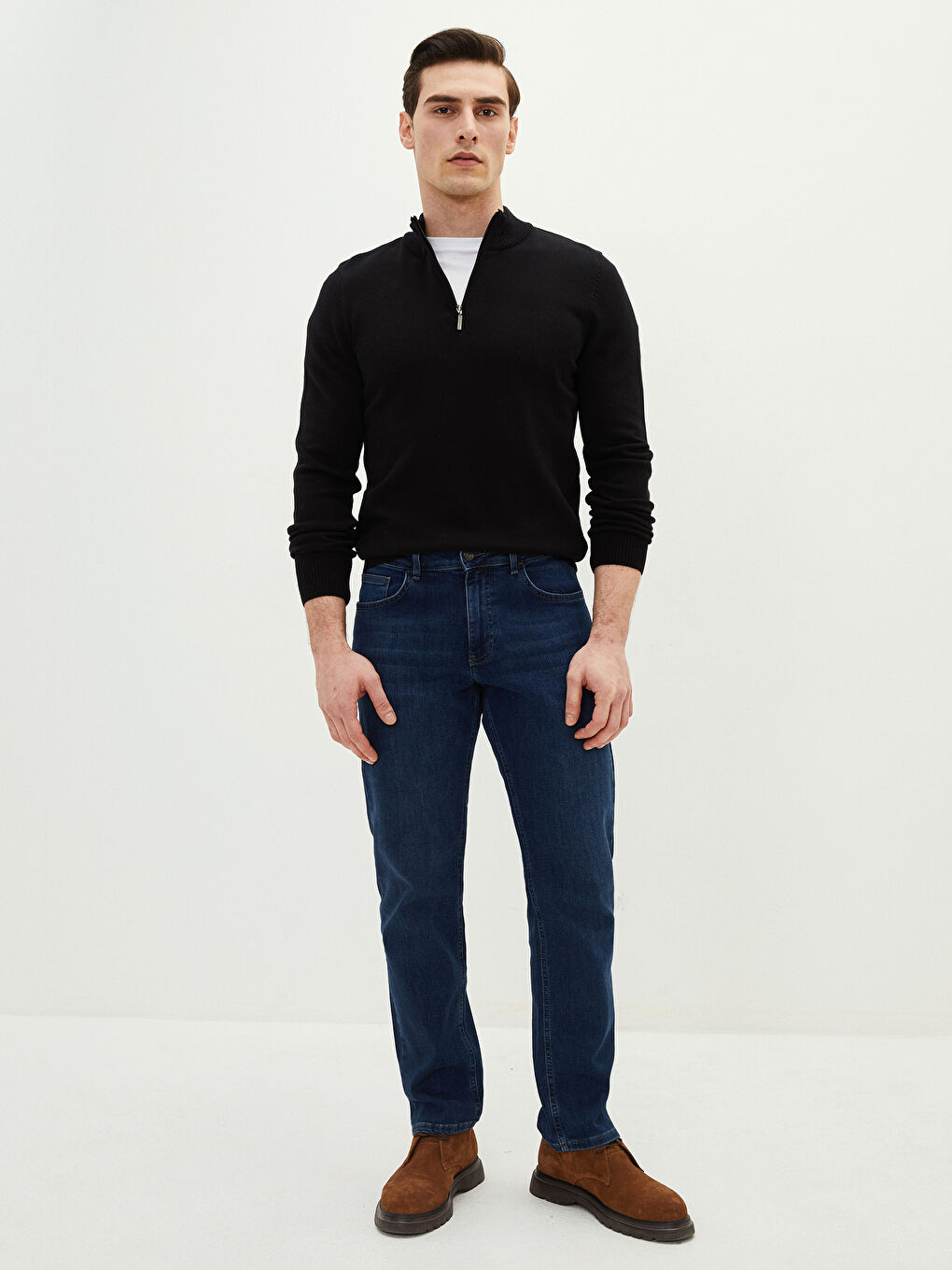 Siyah Fermuarlı Dik Yaka Uzun Kollu Erkek Triko Kazak-2