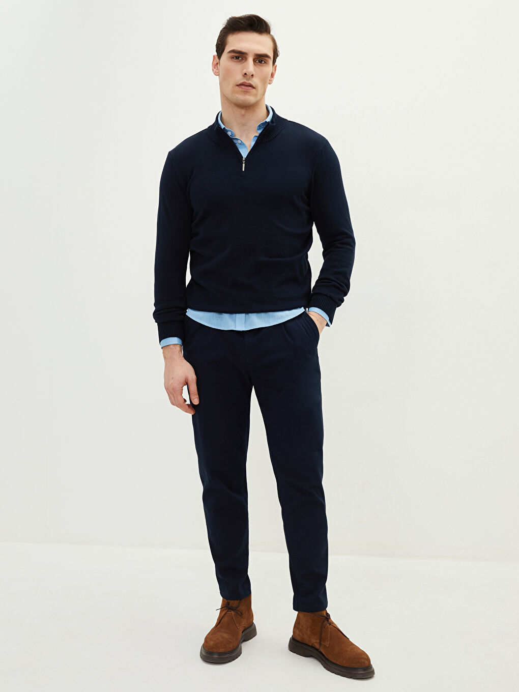 Lacivert Fermuarlı Dik Yaka Uzun Kollu Erkek Triko Kazak