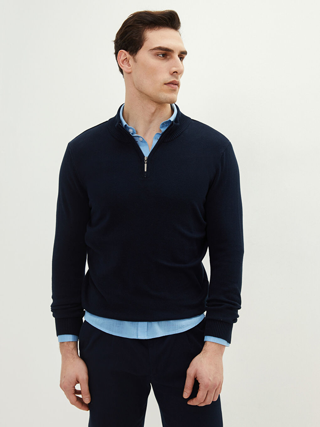 Lacivert Fermuarlı Dik Yaka Uzun Kollu Erkek Triko Kazak-2