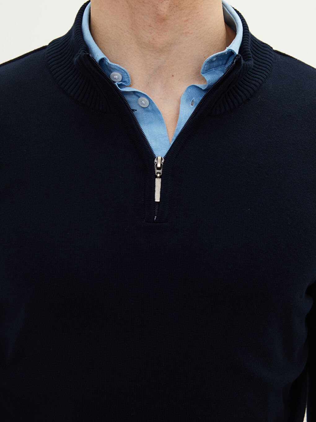Lacivert Fermuarlı Dik Yaka Uzun Kollu Erkek Triko Kazak-3