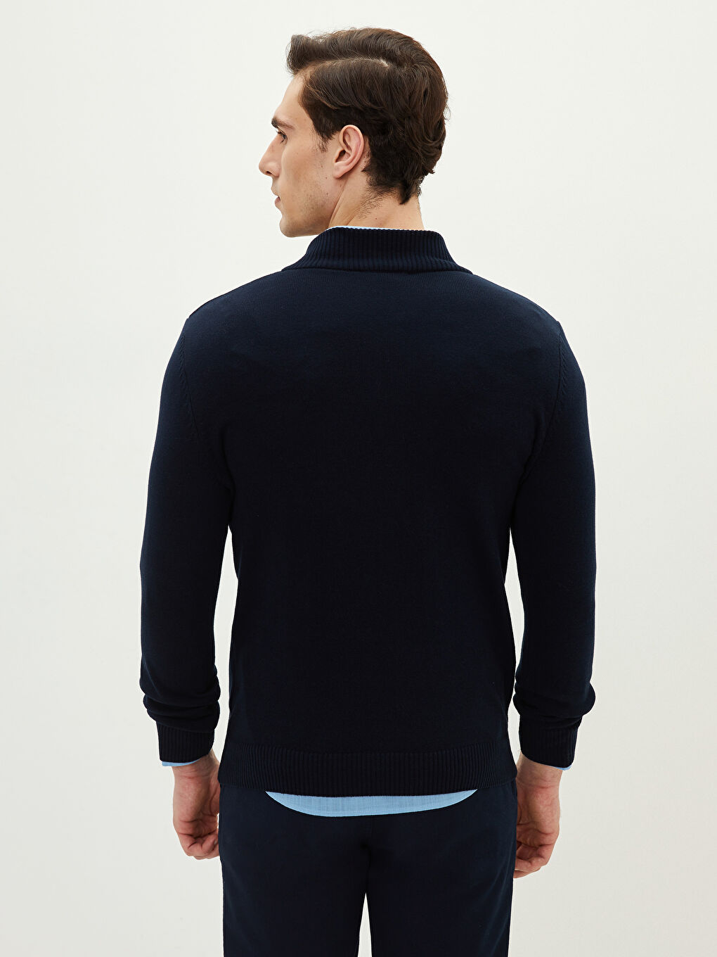 Lacivert Fermuarlı Dik Yaka Uzun Kollu Erkek Triko Kazak-4