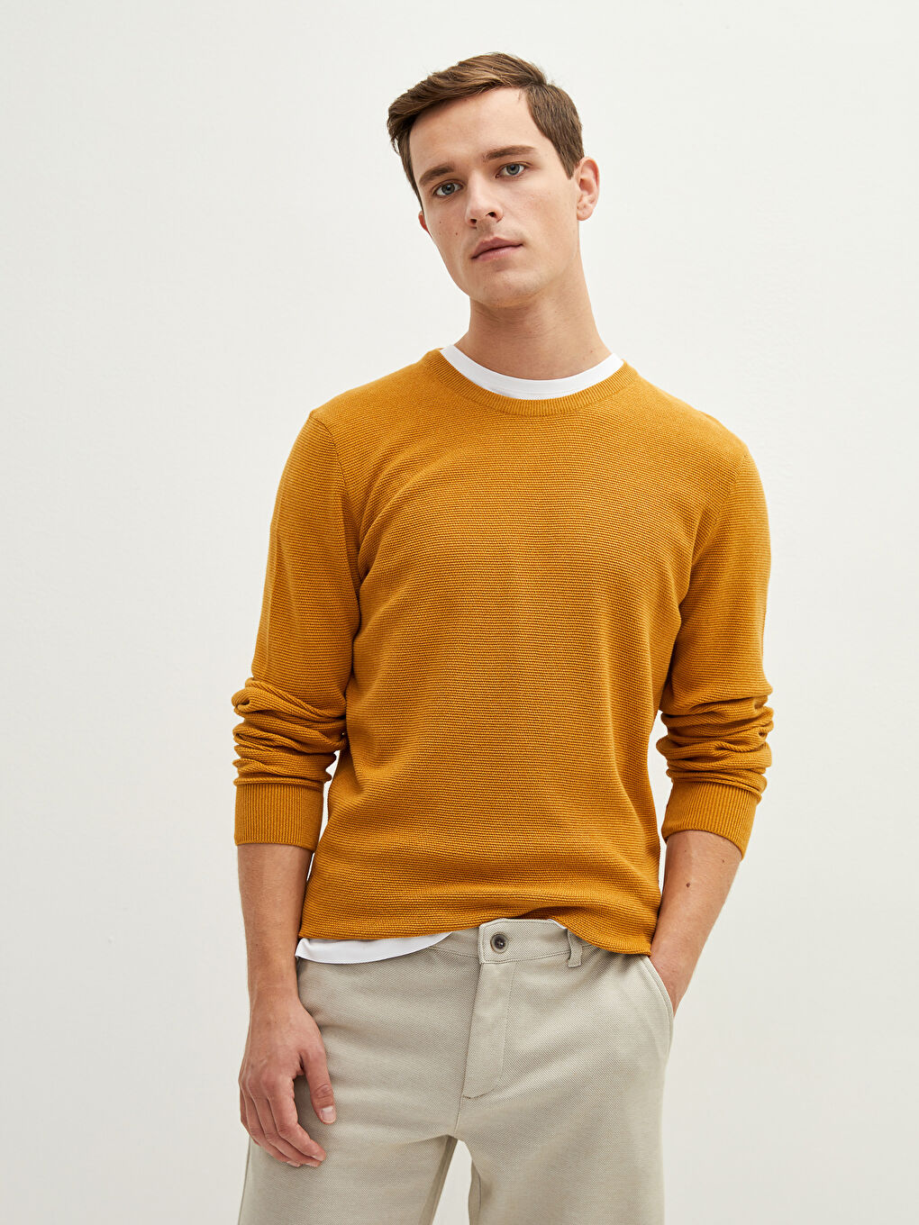 Crew Neck Long Sleeve Thin Men's Tricot Sweater-2