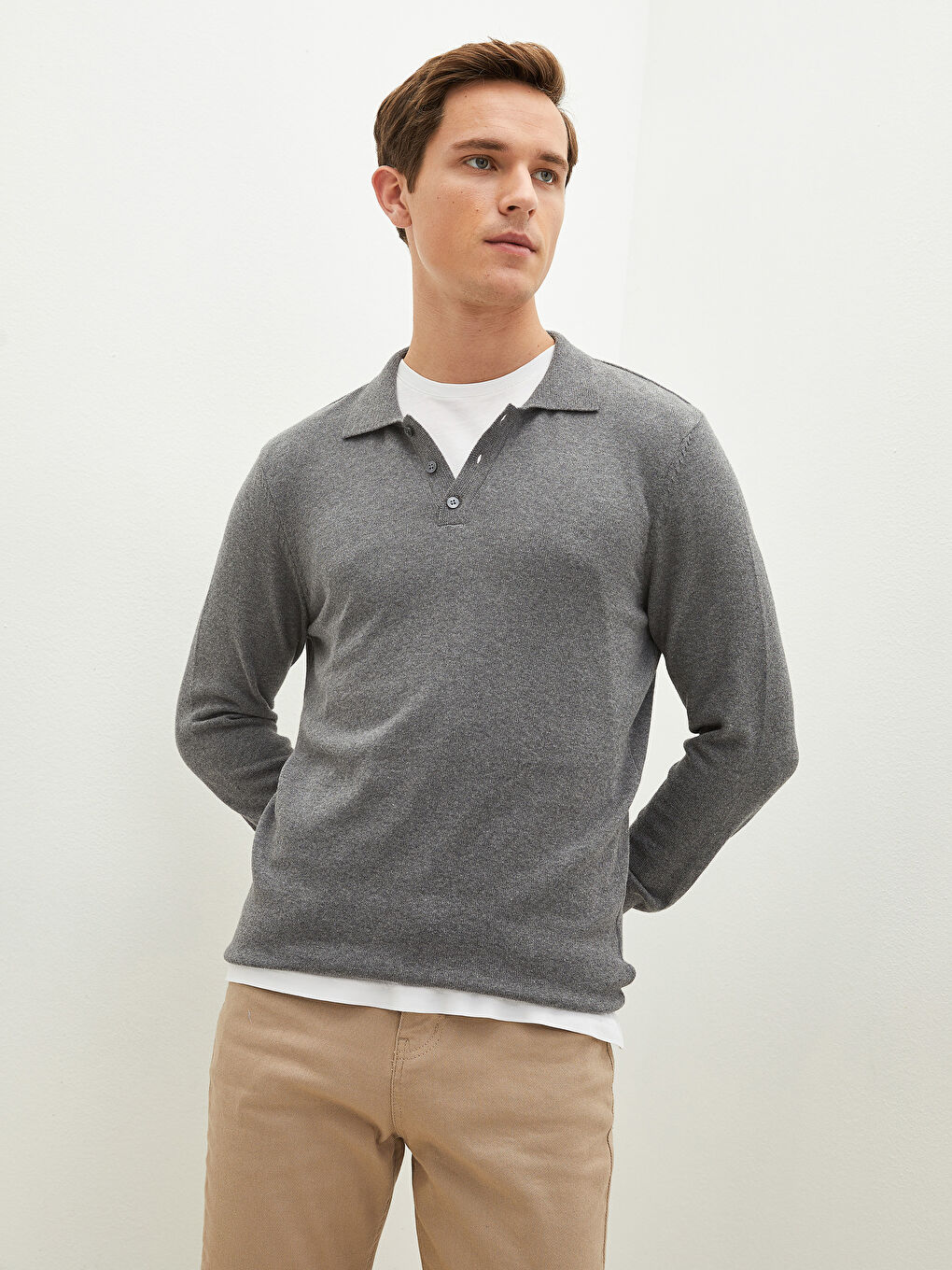 Polo Neck Long Sleeve Thin Men's Tricot Sweater-1