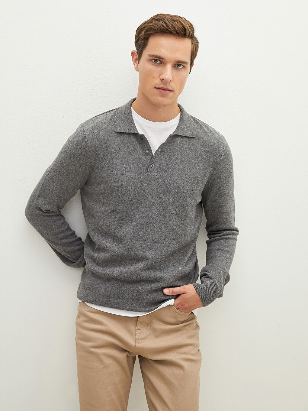 Polo Neck Long Sleeve Thin Men's Tricot Sweater-2