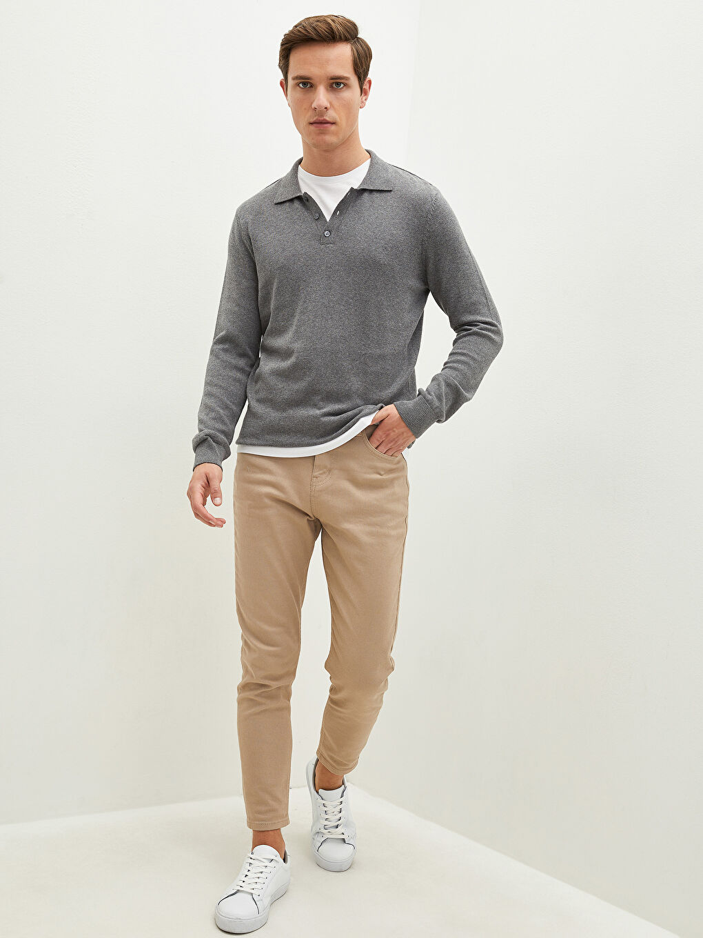 Polo Neck Long Sleeve Thin Men's Tricot Sweater-3