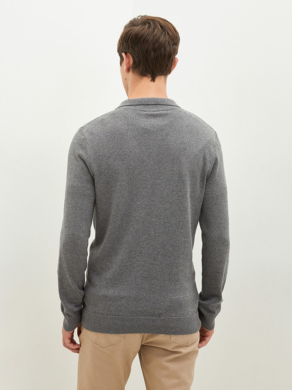 Polo Neck Long Sleeve Thin Men's Tricot Sweater-4
