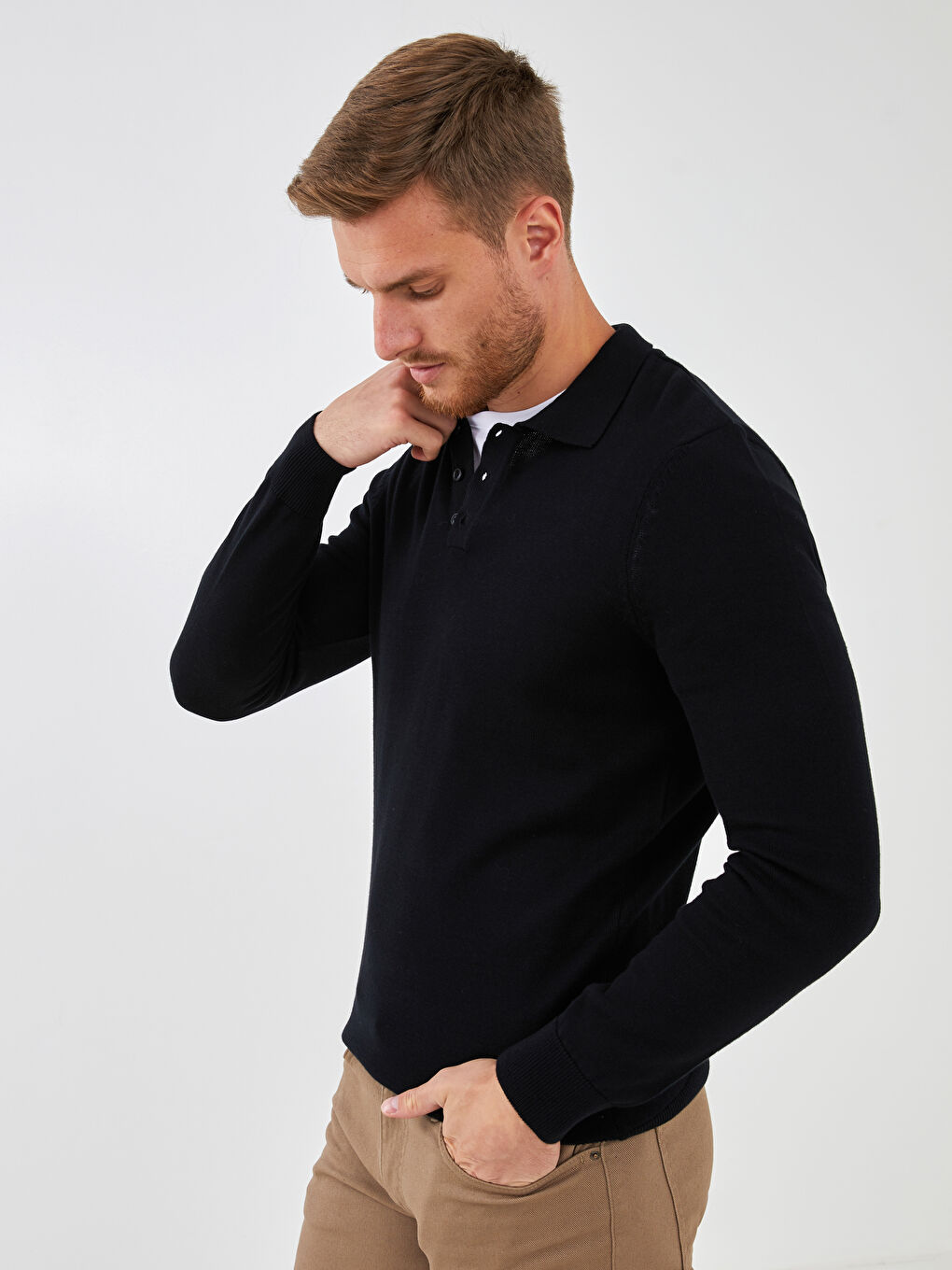 LCWAIKIKI Classic Polo Neck Long Sleeve Thin Men's Tricot Sweater -W11446Z8-CVL