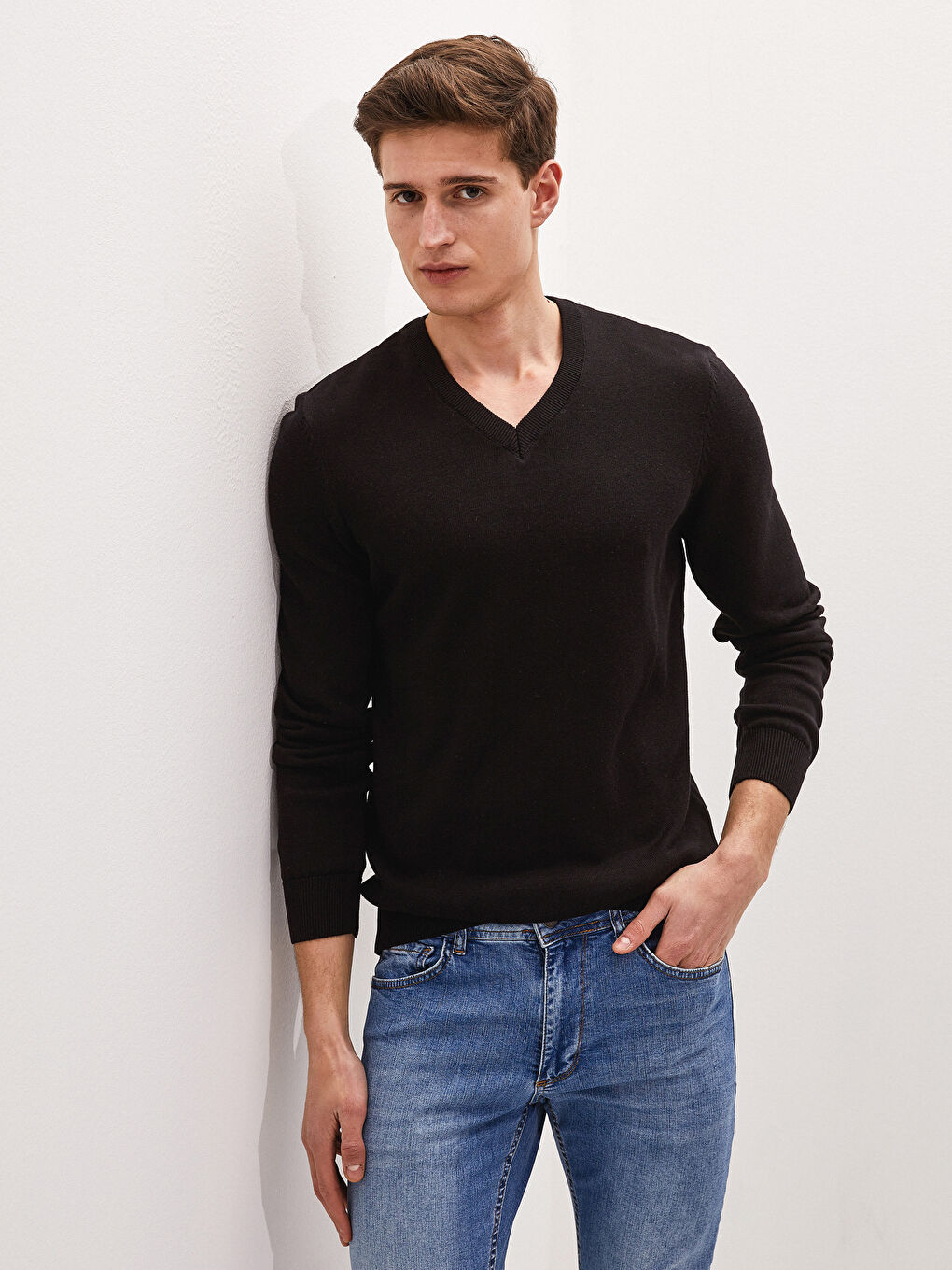 V Neck Long Sleeve Basic Thin Men's Tricot Sweater