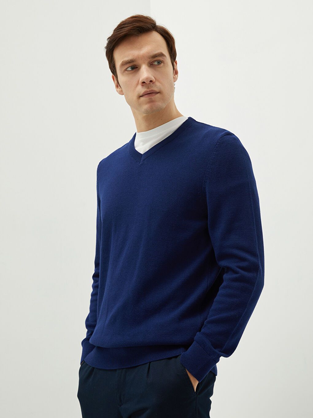 Mavi V Yaka Uzun Kollu Basic İnce Erkek Triko Kazak