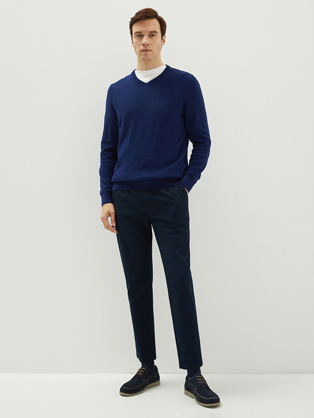 Mavi V Yaka Uzun Kollu Basic İnce Erkek Triko Kazak-2