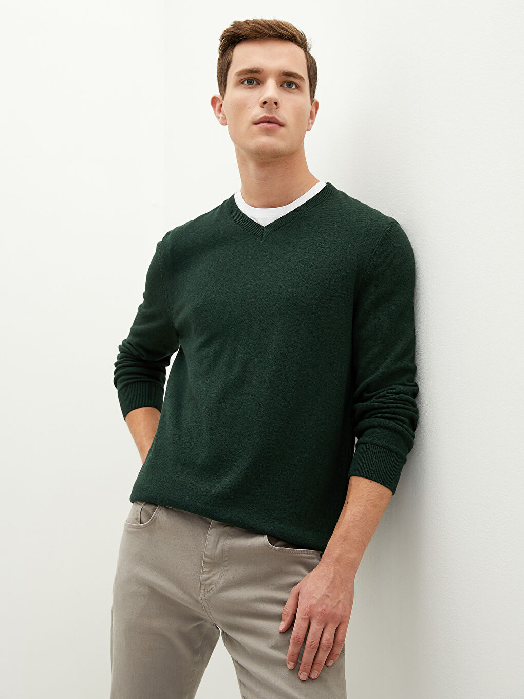 V Neck Long Sleeve Basic Thin Men's Tricot Sweater-3