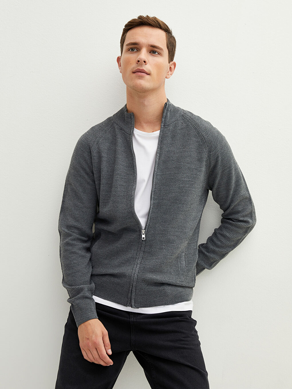 Standard Fit Turtle Neck Long Sleeve Men's Tricot Cardigan-1