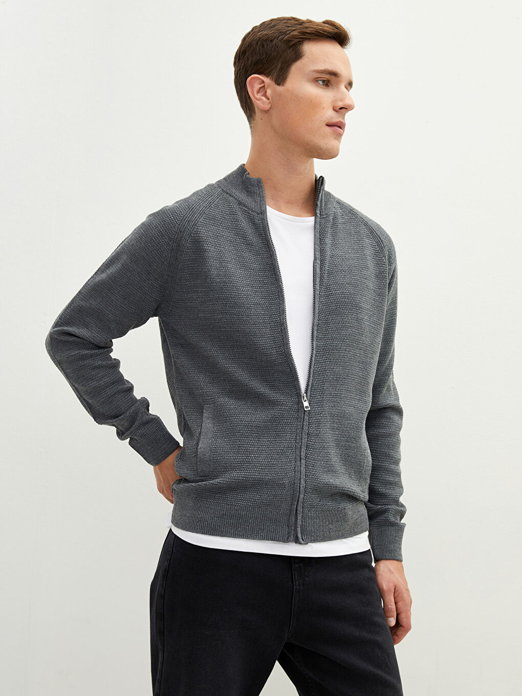 Standard Fit Turtle Neck Long Sleeve Men's Tricot Cardigan-4