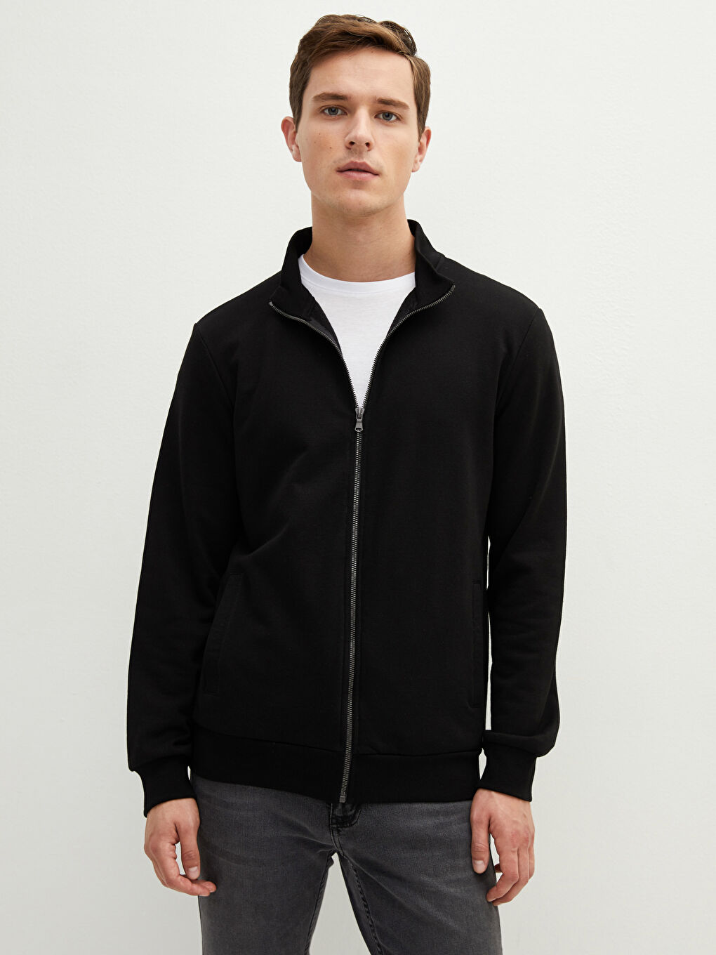 Siyah Rahat Kalıp Dik Yaka Uzun Kollu Erkek Kalın Sweatshirt-2