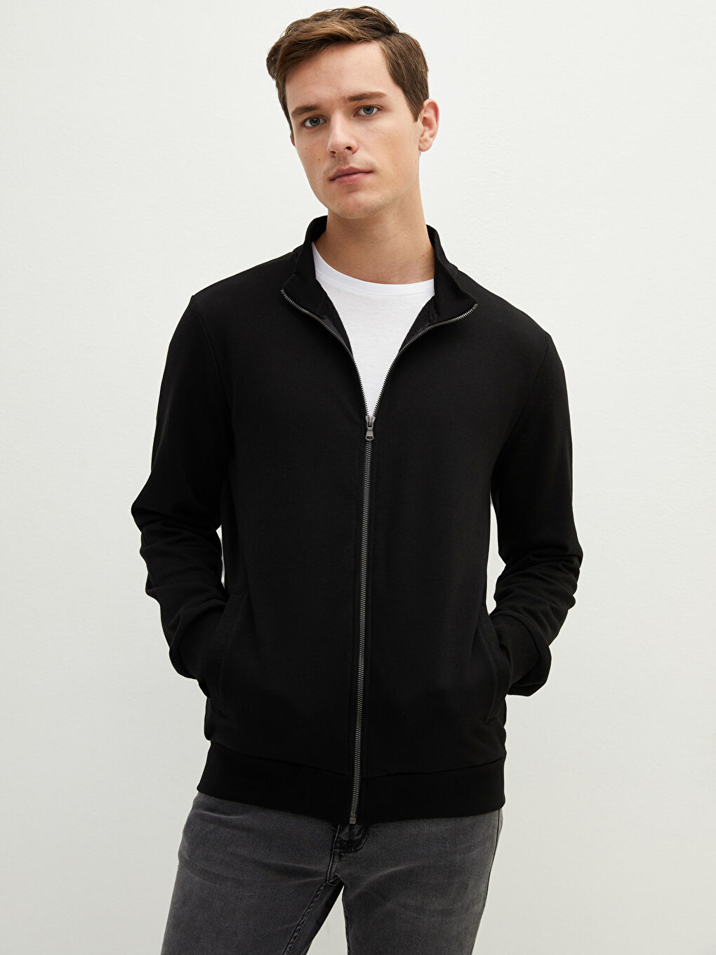 Siyah Rahat Kalıp Dik Yaka Uzun Kollu Erkek Kalın Sweatshirt-3