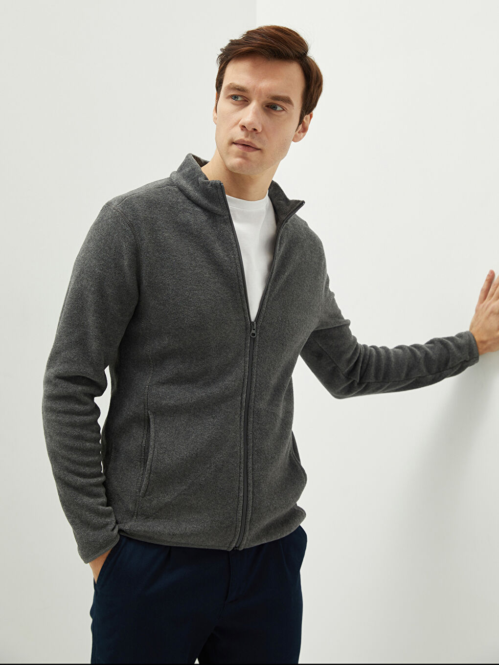 Gri Dik Yaka Uzun Kollu Polar Erkek Sweatshirt