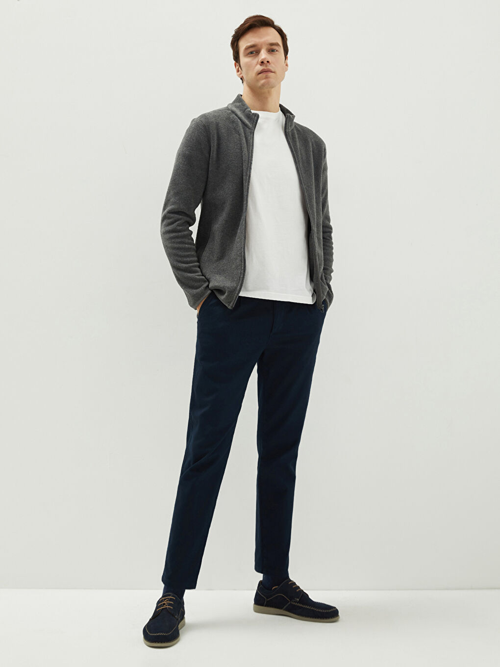 Gri Dik Yaka Uzun Kollu Polar Erkek Sweatshirt-2