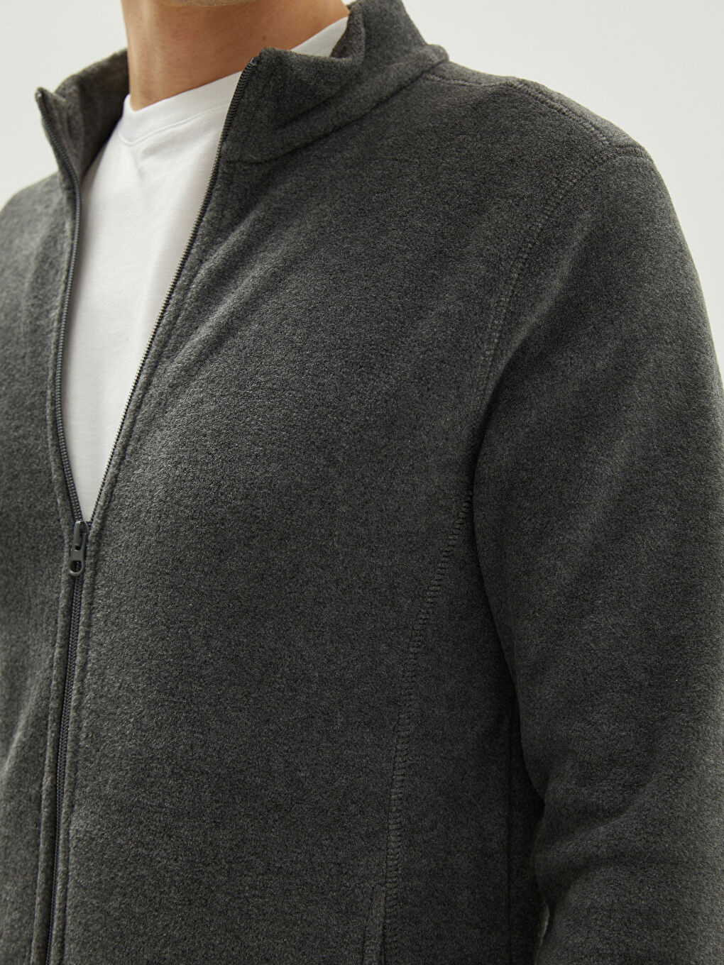 Gri Dik Yaka Uzun Kollu Polar Erkek Sweatshirt-3