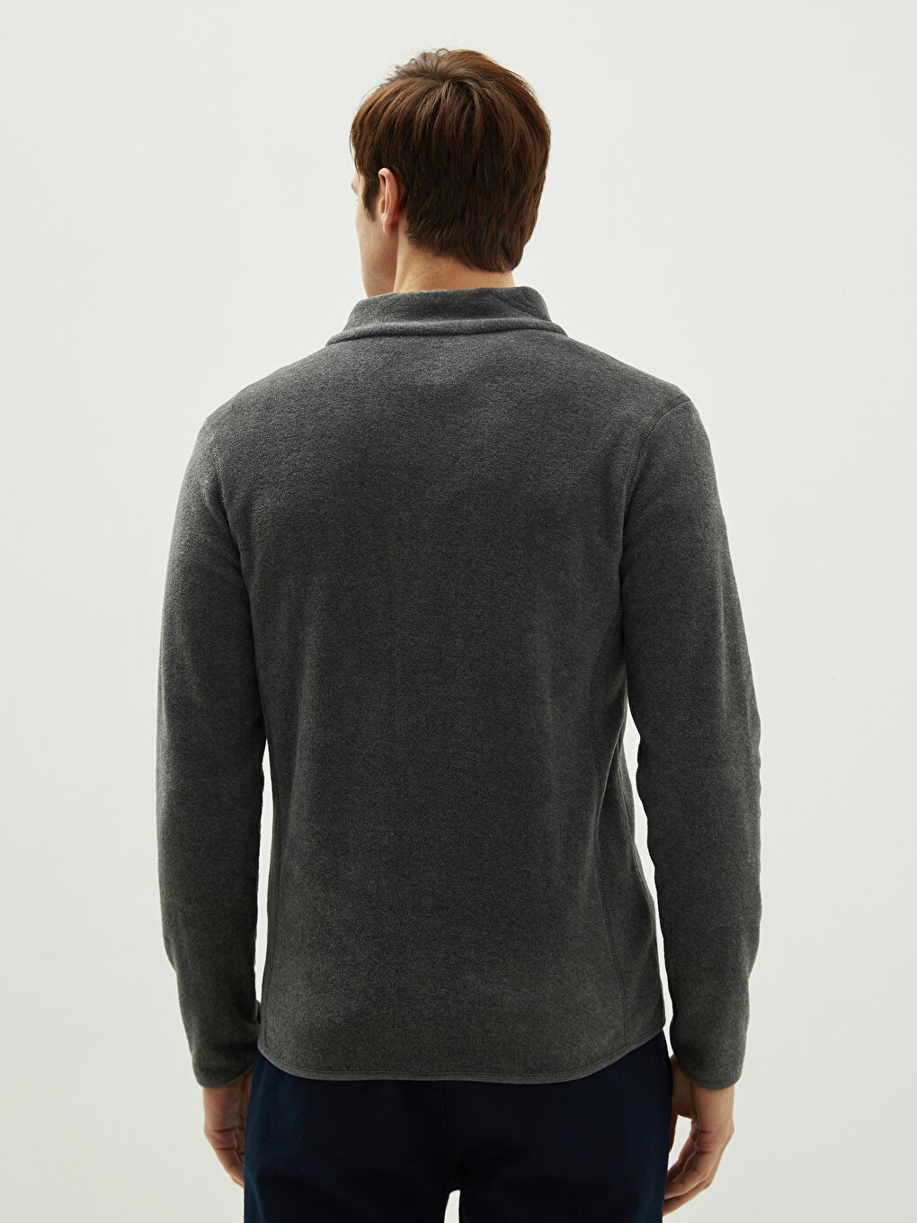 Gri Dik Yaka Uzun Kollu Polar Erkek Sweatshirt-4