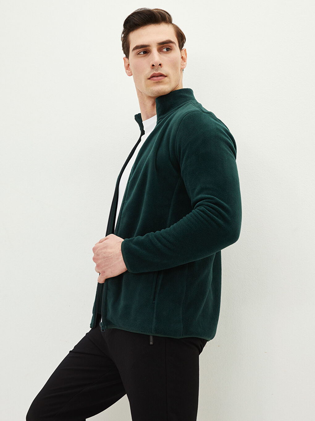 Yeşil Dik Yaka Uzun Kollu Polar Erkek Sweatshirt-1