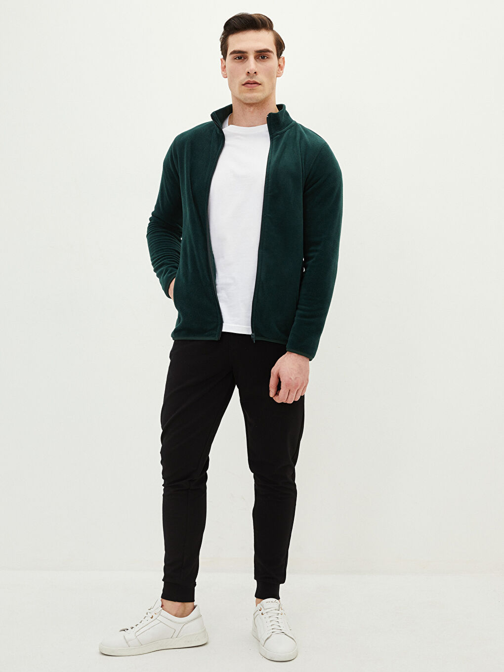 Yeşil Dik Yaka Uzun Kollu Polar Erkek Sweatshirt-3