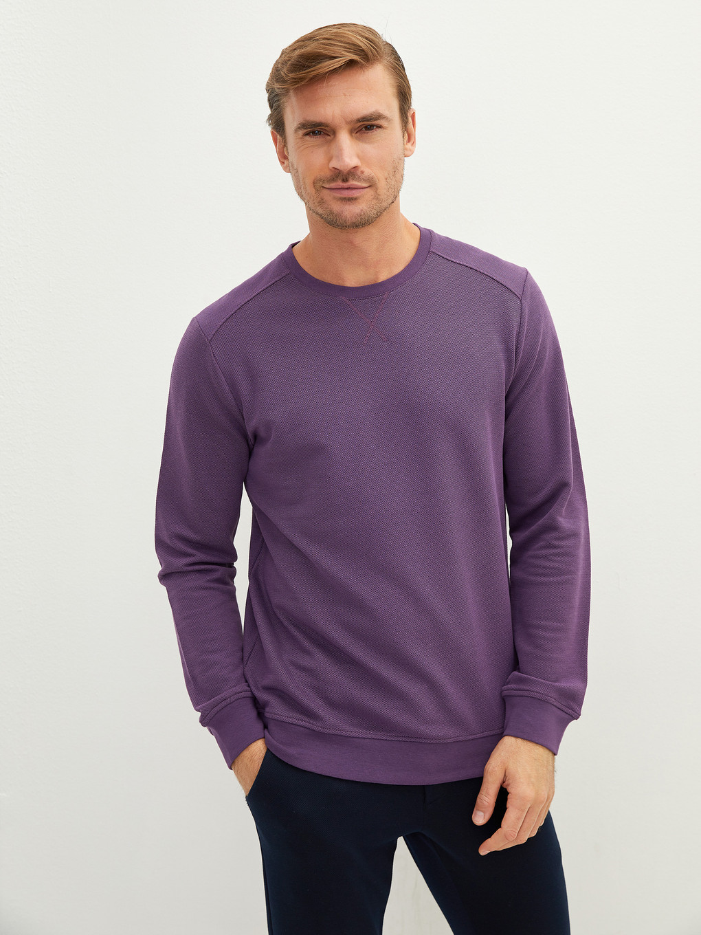Mor Bisiklet Yaka Uzun Kollu Erkek Sweatshirt