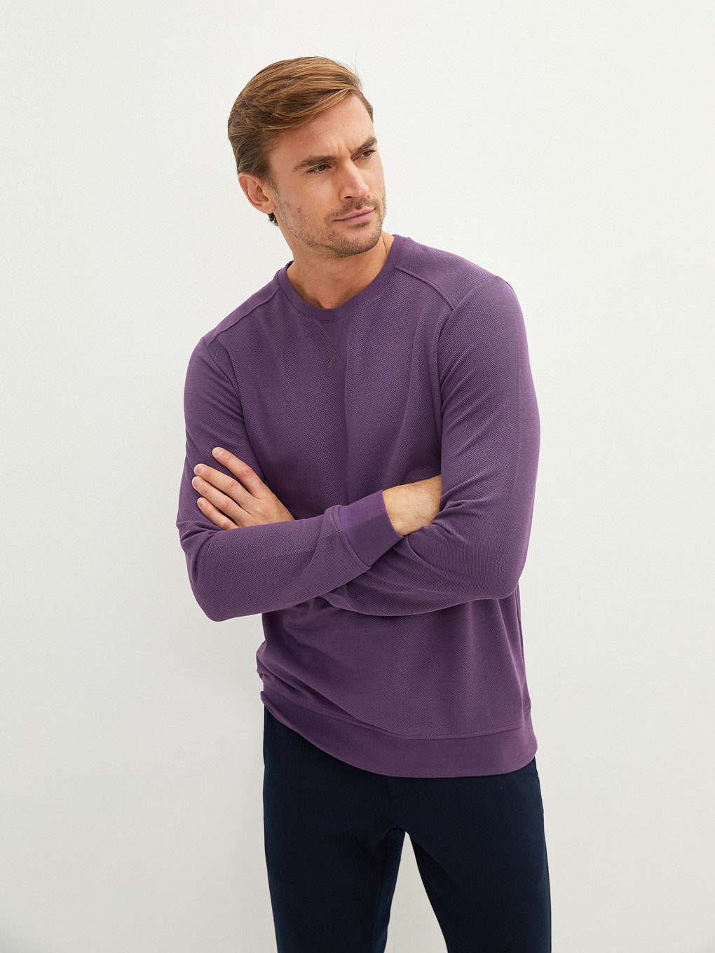 Mor Bisiklet Yaka Uzun Kollu Erkek Sweatshirt-1