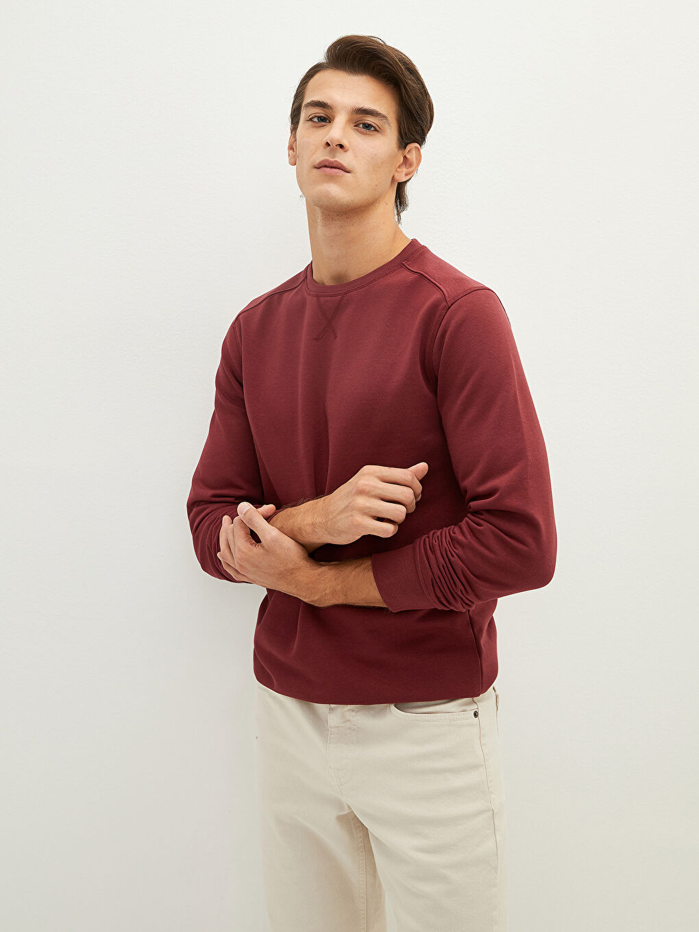 LCWAIKIKI Basic Bordo Bisiklet Yaka Uzun Kollu Kalın Erkek Sweatshirt