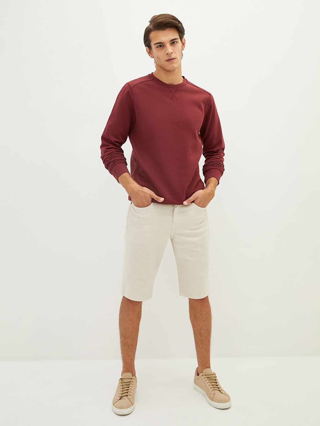 LCWAIKIKI Basic Bordo Bisiklet Yaka Uzun Kollu Kalın Erkek Sweatshirt - 3