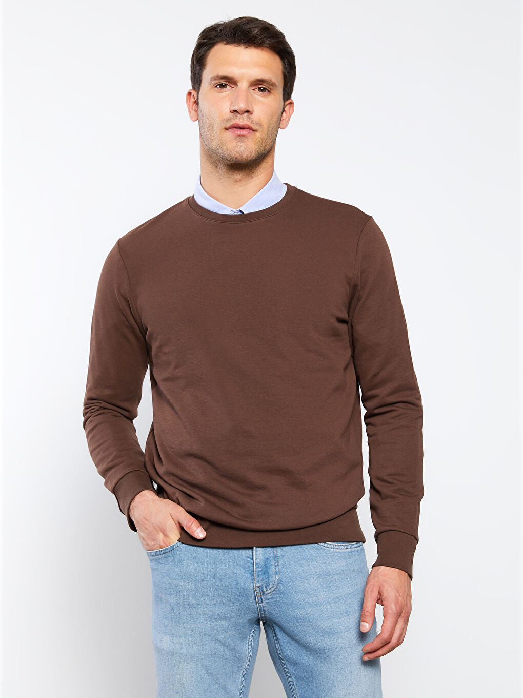 Kahverengi Bisiklet Yaka Uzun Kollu Erkek Sweatshirt-1