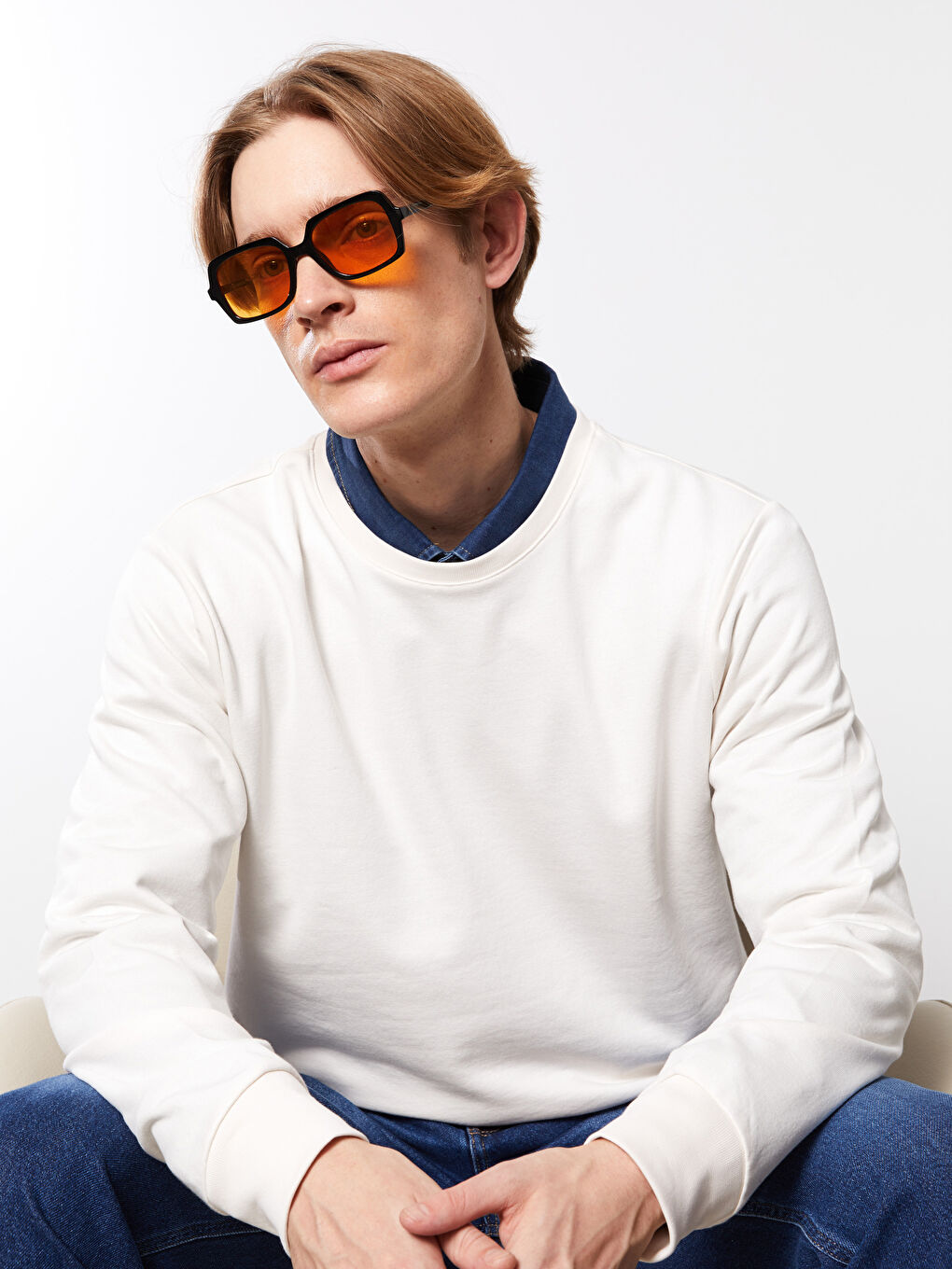 Ekru Bisiklet Yaka Uzun Kollu Erkek Sweatshirt