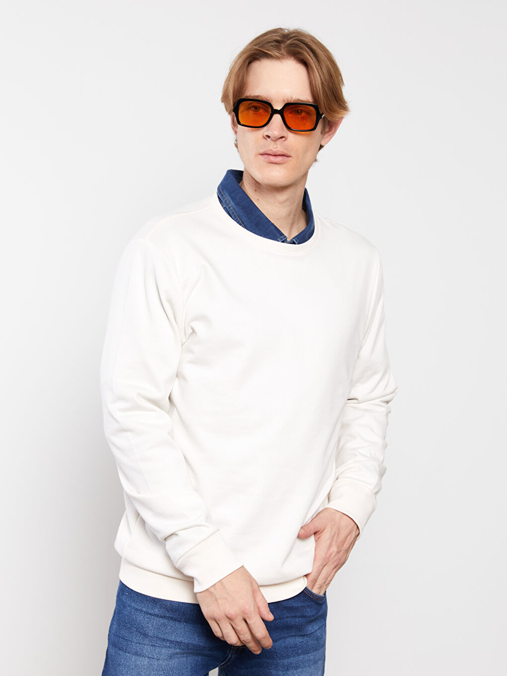 Ekru Bisiklet Yaka Uzun Kollu Erkek Sweatshirt-1