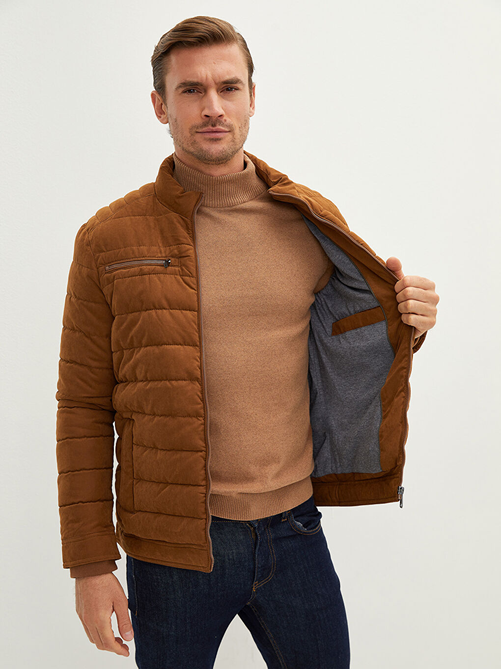 Стандартна кройка палто с яка тип фуния за мъже, плътно-1