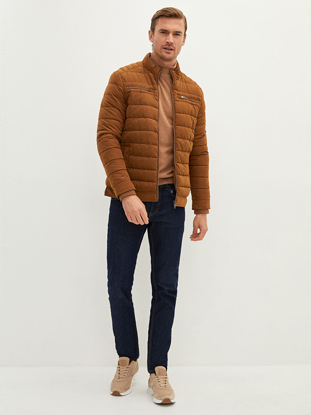 Стандартна кройка палто с яка тип фуния за мъже, плътно-3