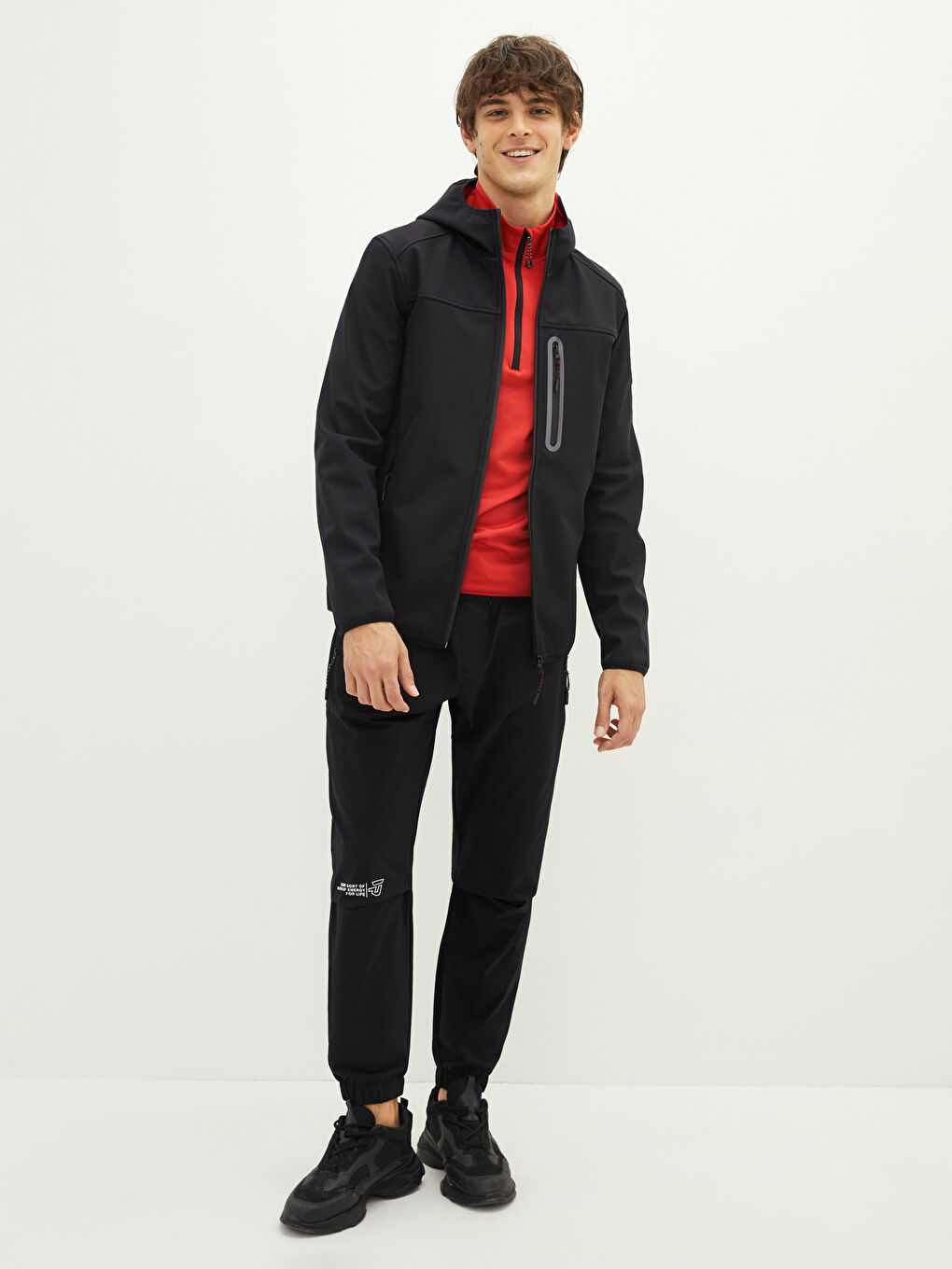 Siyah Rahat Kalıp Kapüşonlu İnce Erkek Yağmurluk-5