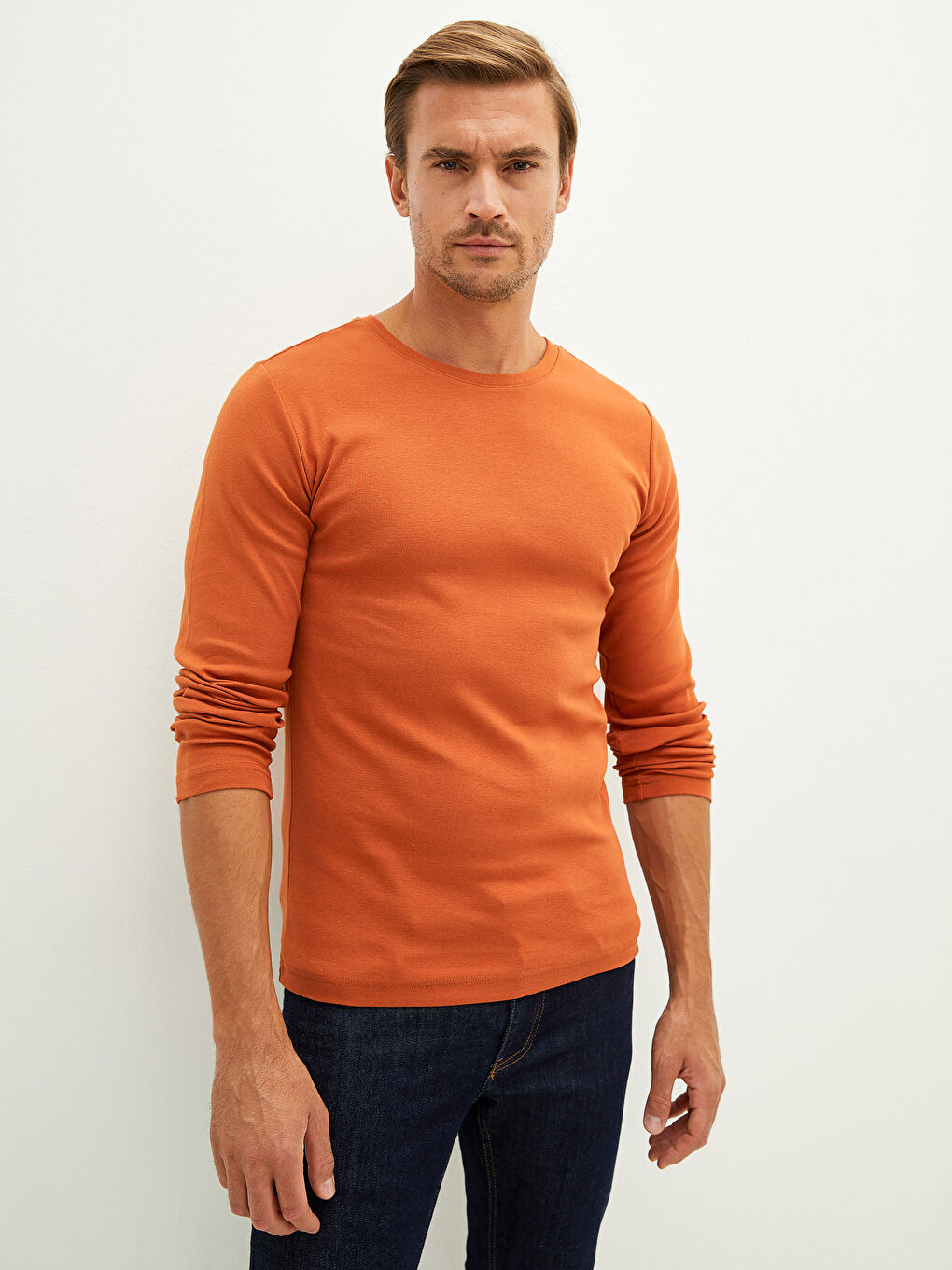 Turuncu Bisiklet Yaka Uzun Kollu Basic Erkek Tişört-2