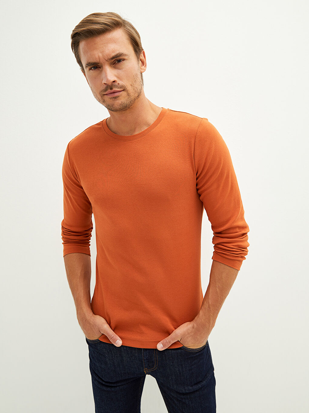 Turuncu Bisiklet Yaka Uzun Kollu Basic Erkek Tişört-3