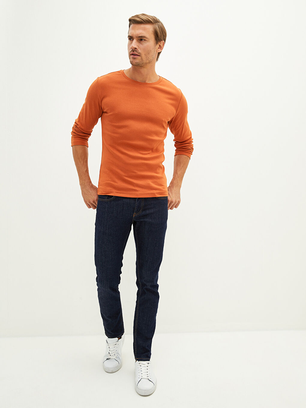 Turuncu Bisiklet Yaka Uzun Kollu Basic Erkek Tişört-4