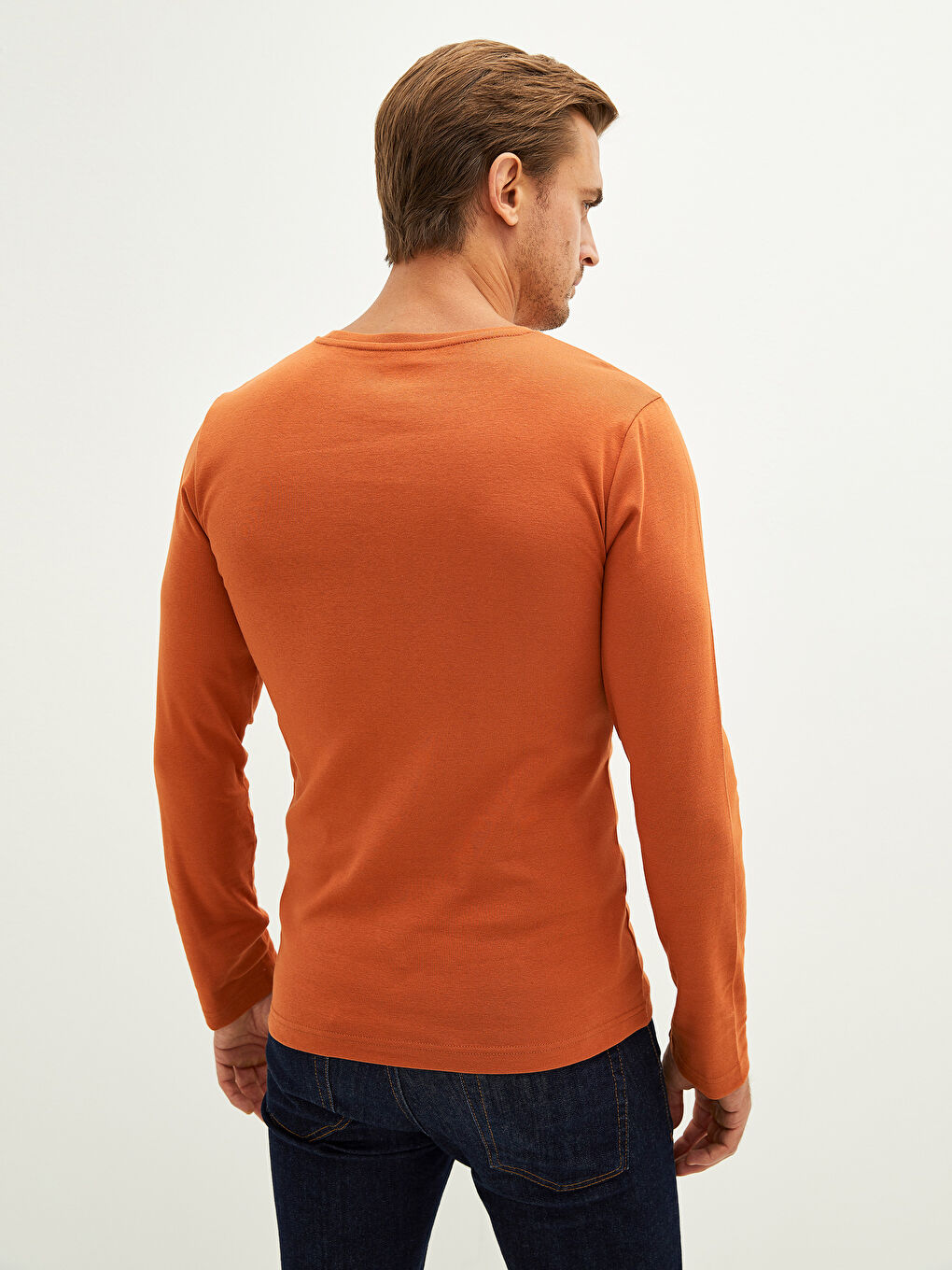 Turuncu Bisiklet Yaka Uzun Kollu Basic Erkek Tişört-5
