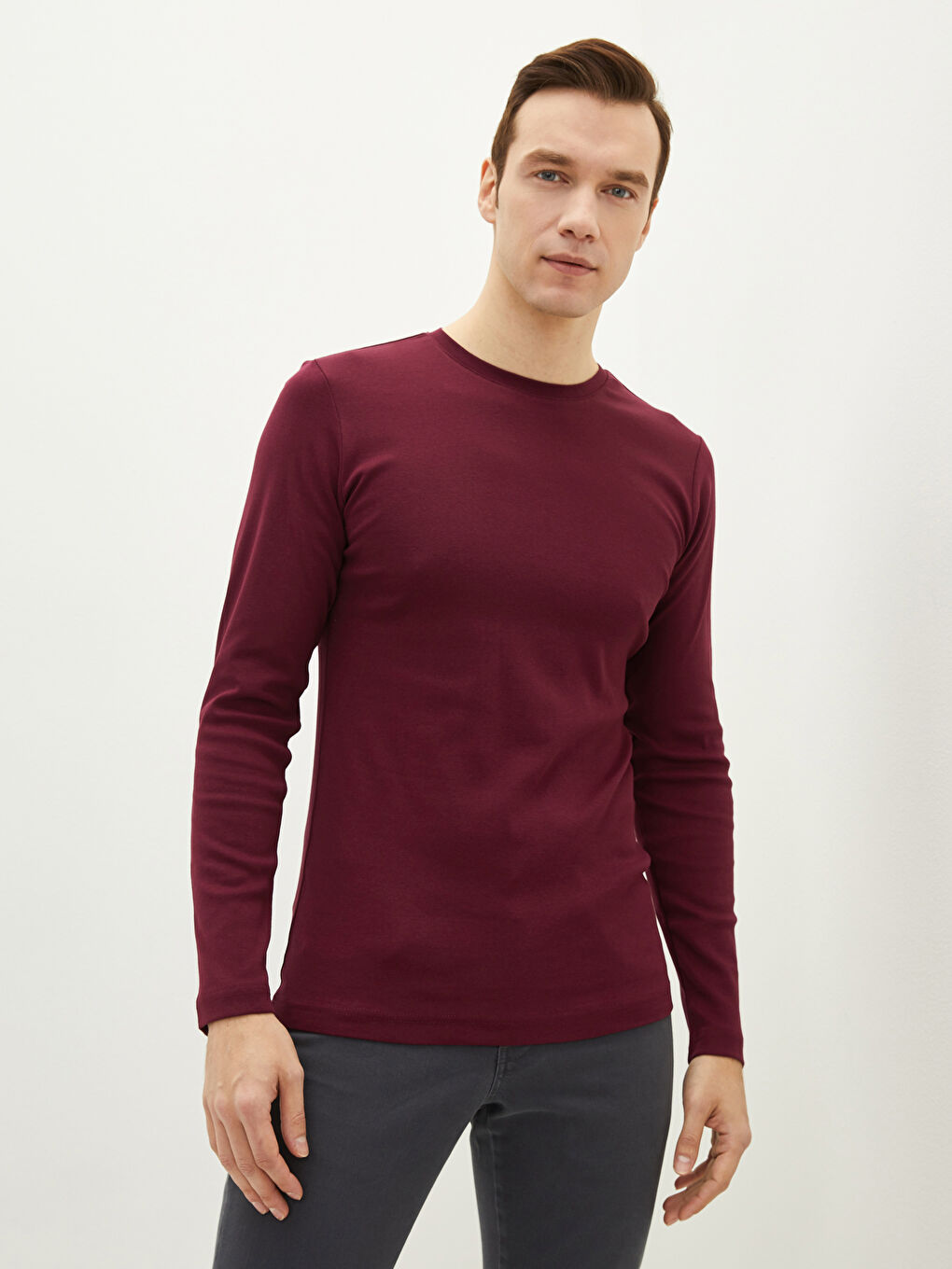 Bordo Bisiklet Yaka Uzun Kollu Basic Erkek Tişört