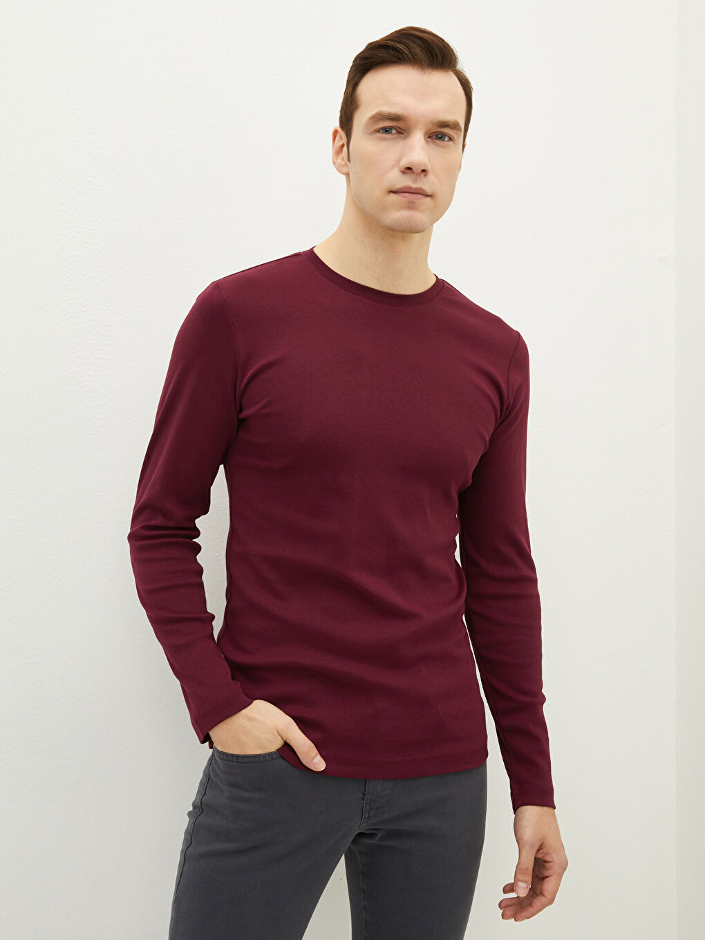 Bordo Bisiklet Yaka Uzun Kollu Basic Erkek Tişört-1