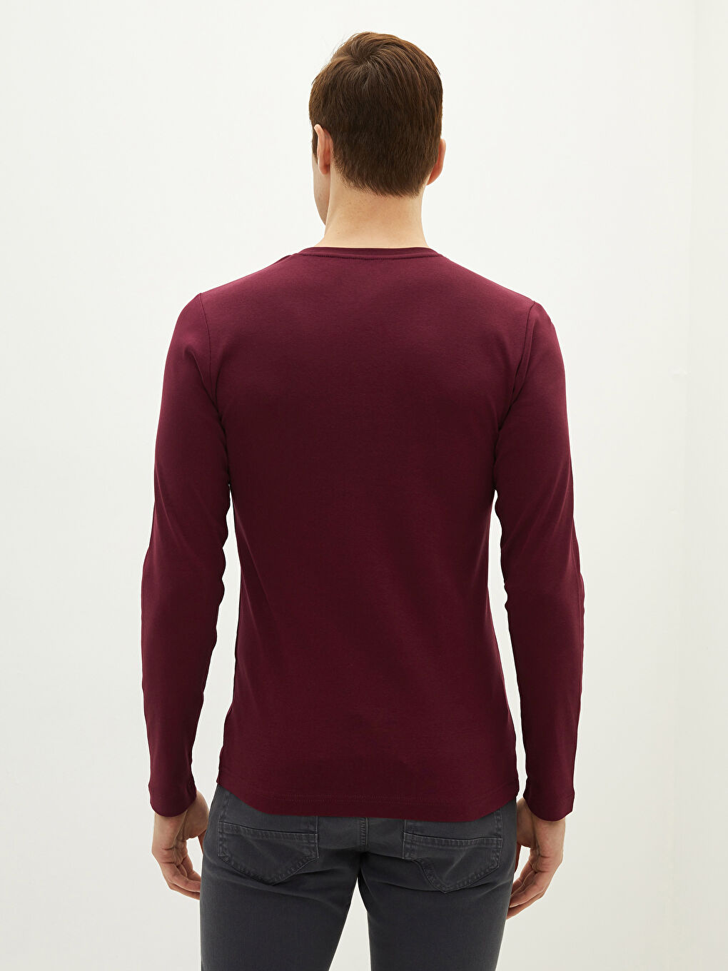 Bordo Bisiklet Yaka Uzun Kollu Basic Erkek Tişört-4