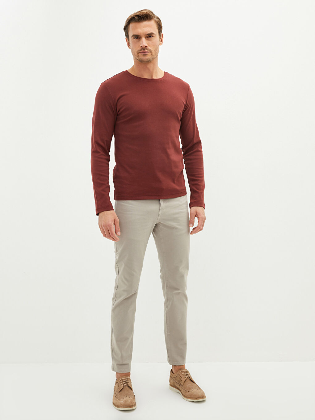 Kahverengi Bisiklet Yaka Uzun Kollu Basic Erkek Tişört