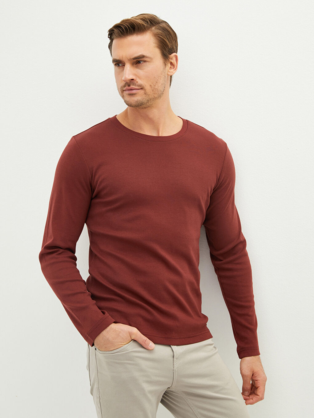 Kahverengi Bisiklet Yaka Uzun Kollu Basic Erkek Tişört-1