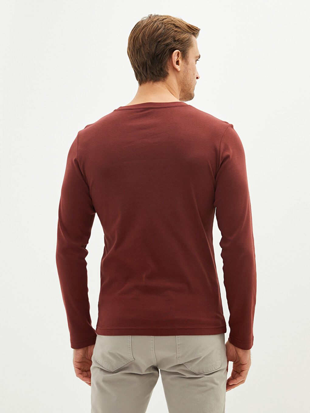 Kahverengi Bisiklet Yaka Uzun Kollu Basic Erkek Tişört-3