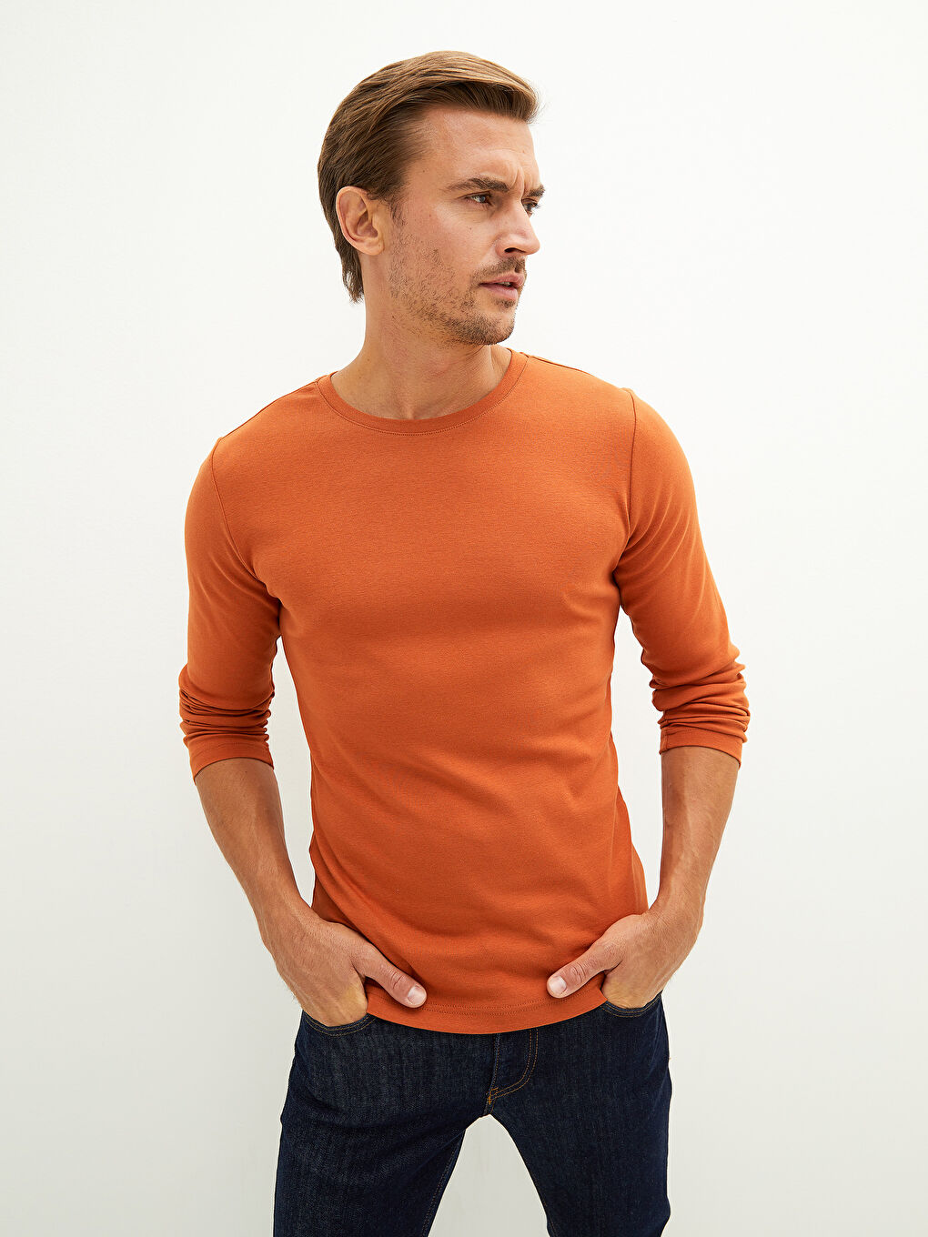 Turuncu Bisiklet Yaka Uzun Kollu Basic Erkek Tişört