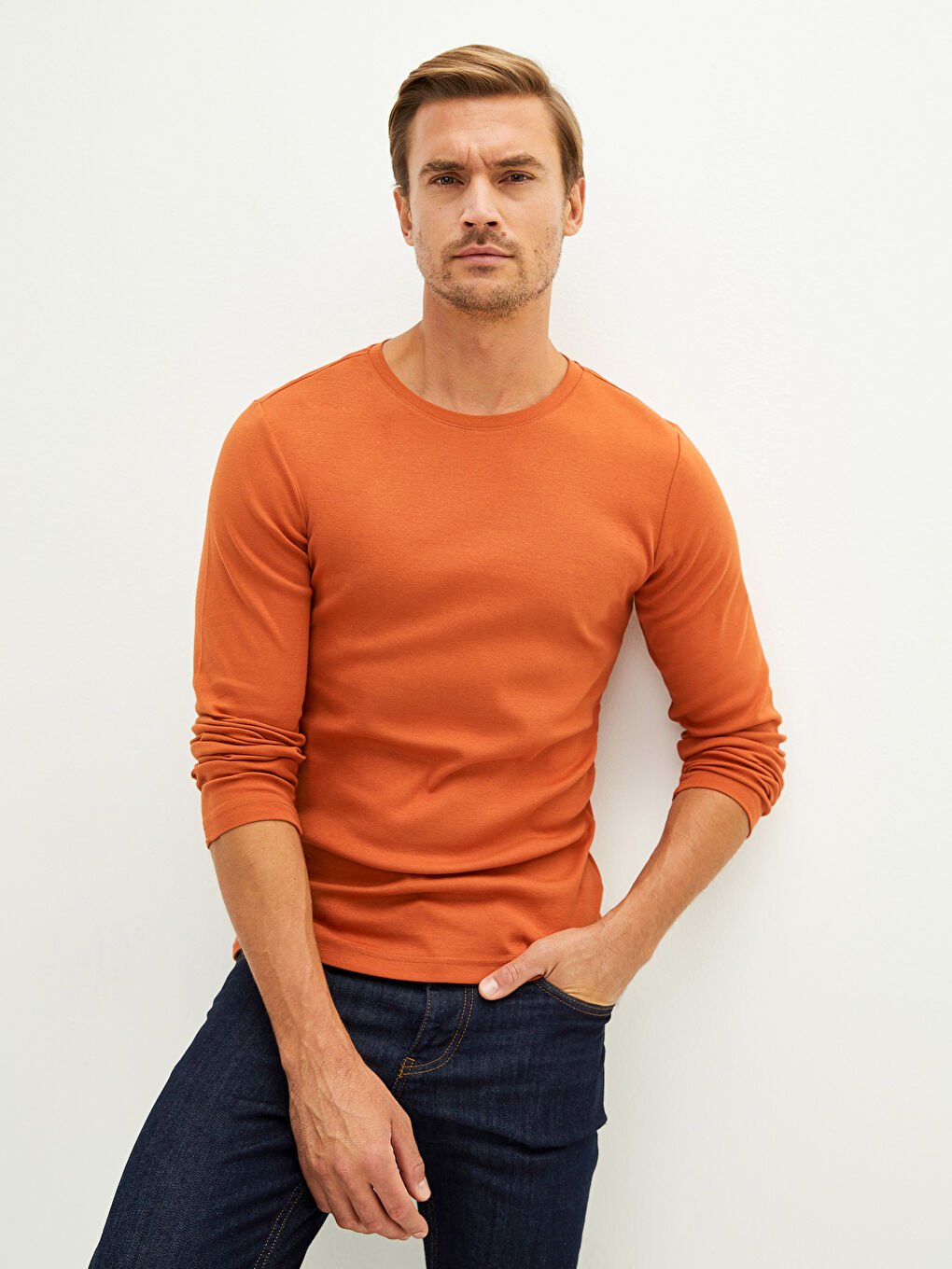 Turuncu Bisiklet Yaka Uzun Kollu Basic Erkek Tişört-1