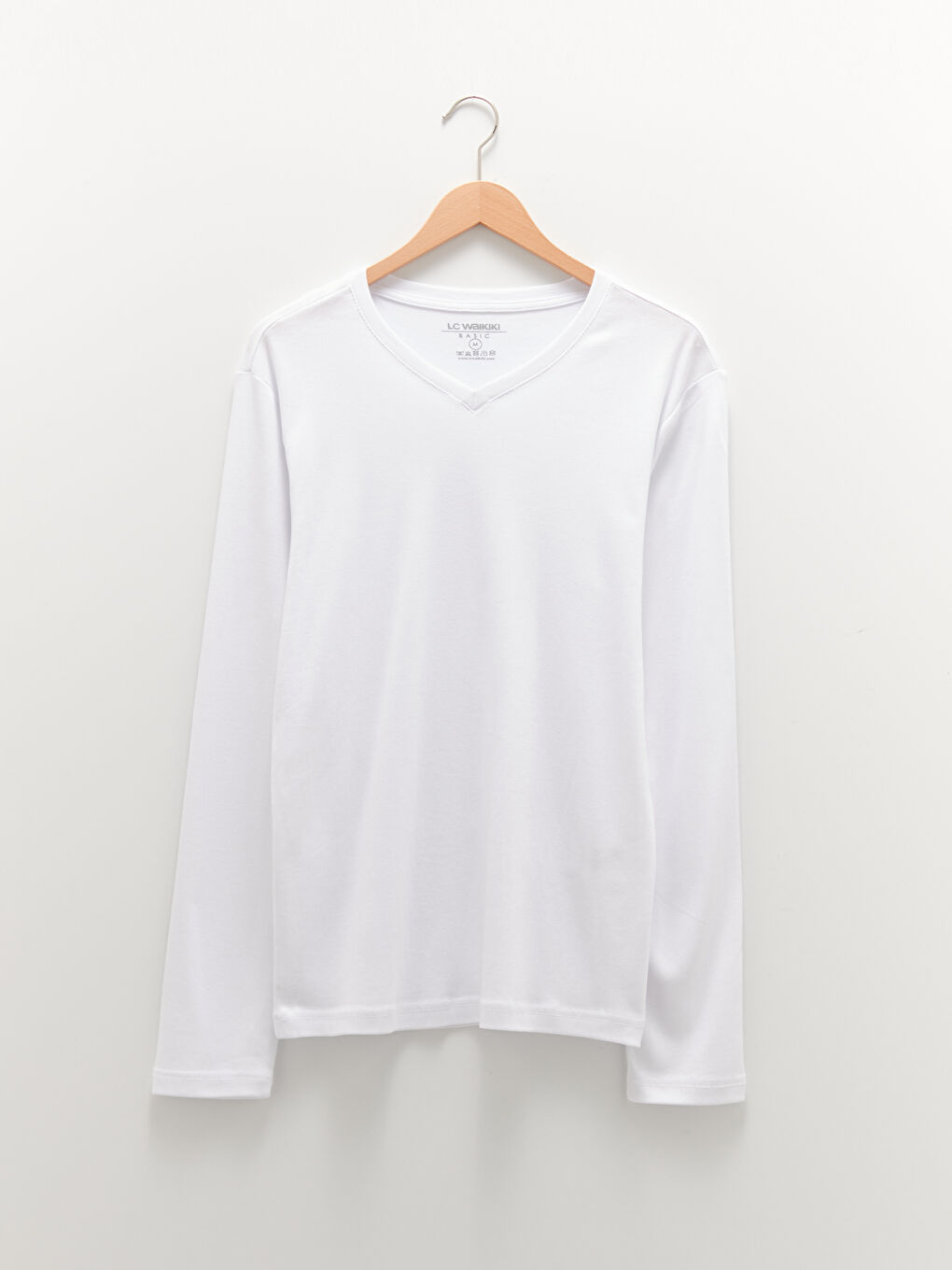 Beyaz V Yaka Uzun Kollu Penye Erkek Tişört-5